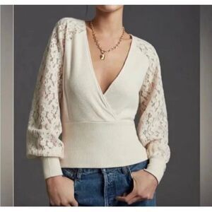 Anthropologie Womens Lace Balloon Sleeve Faux Wrap 3X Top Beige Viscose Feminine